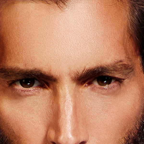 Forehead and temple. Marks resolved one by one. The horizontal lines were eased by volume, not by blur. The hairline is cut against the background with no halo.